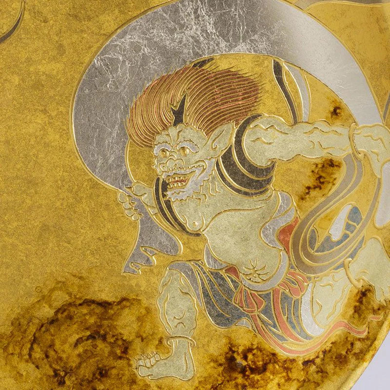 Kanazawa gold leaf plate, Fujin Raijin art, Japanese decorative plate, Hakuichi gold leaf craft, Wind God Thunder God plate, Japanese lacquerware art, handmade gold leaf ornament, traditional Japanese wall plate, Kanazawa foil craft, gold leaf home décor, Japanese art collectibles, gold leaf cultural ornament, handmade Japanese plate, luxury Japanese display plate