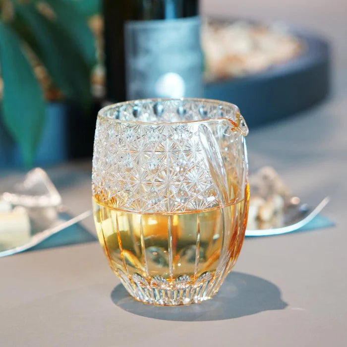 Katakuchi Fuka Dazzling Wind, Edo Kiriko crystal vessel, Japanese cut glass jug, hand-cut crystal pitcher Japan, Kagami Crystal Edo Kiriko, Junichi Nabetani glass, chrysanthemum motif glassware, Japanese katakuchi crystal, artisan crystal vessel Japan, traditional Edo Kiriko patterns, Japanese chrysanthemum cut glass, handmade crystal pourer, Edo cut glassware Japan, collectible Japanese crystal
