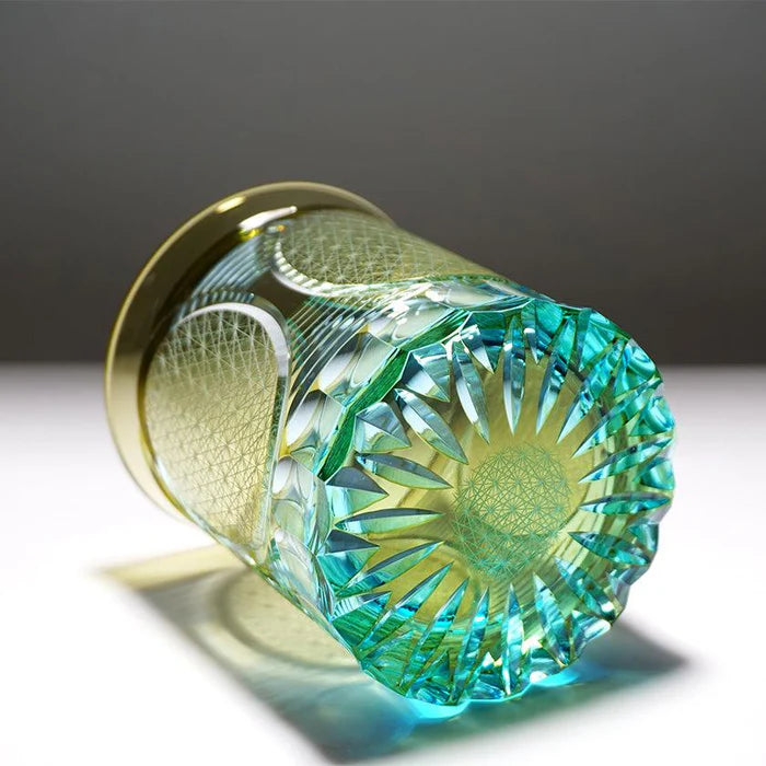 Nichi Rin Kiriko glass, Japanese rocks glass, hand-cut Kiriko glassware, Tokyo artisan glass, sun and moon motif glass, Japanese crystal tumbler, Rinzen Kiriko glass, symbolic Japanese glassware, hand-polished soda glass, collectible Japanese cut glass, traditional Kiriko design, Japanese sunburst motif glass, Edo-style Kiriko brilliance