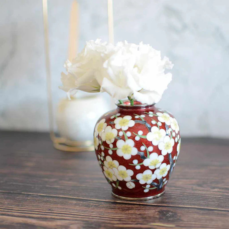 Owari cloisonne vase, Japanese cloisonne plum blossom, red cloisonne enamel vase, Kato Shippo vase, Japanese enamel art, plum blossom decorative vase, wired cloisonne Meiji style, handcrafted Japanese cloisonne, small Japanese collectible vase, Aichi cloisonne craft, traditional Japanese plum design, spherical cloisonne vase, luxury Japanese home decor, enamel art vase Japan, wired enamel plum vase.