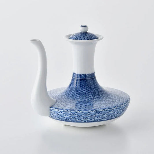 Seigaiha teapot set, Japanese porcelain tea set, Mikawachi ware tea set, Hirado Shozan porcelain, Japanese wave pattern cups, blue and white porcelain Japan, traditional Japanese tea set, Seigaiha motif pottery, Nagasaki porcelain ware, hand-painted Japanese ceramics, Hirado teapot and cup set, ocean wave design porcelain, Japanese gift tea set, artisanal porcelain Japan