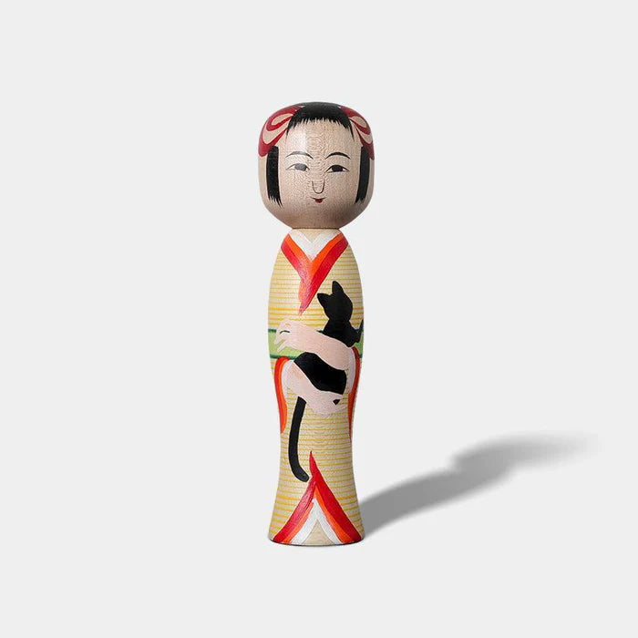 Tsuchiyu kokeshi, Akihiro Konno kokeshi, Japanese wooden doll, traditional kokeshi Japan, Taisho era kokeshi, cherry blossom kokeshi, Aizu makie kokeshi, Japanese folk art doll, handmade kokeshi doll, Fukushima crafts, black cat kokeshi, Japanese souvenir doll, maple wood kokeshi, Japanese decorative figurine, collectible kokeshi, Japan artisan doll, symbolic Japanese doll, protective Japanese ornament, Japanese cultural gift, handcrafted wooden doll Japan