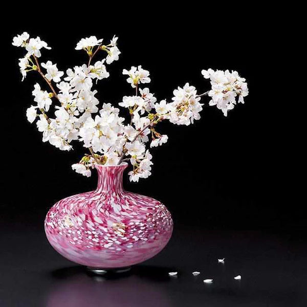 Tsugaru Vidro vase, Japanese cherry blossom vase, Hana Akari glass vase, Hirosaki Castle sakura art, handcrafted Japanese glassware, pink glass decorative vase, Japanese gold leaf vase, Aomori glass art, collectible Japanese vase, handmade glass vase Japan, luxury sakura vase, artisan glass vase with gold, limited edition Japanese vase