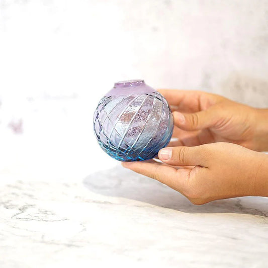 Yoasobi Kiriko vase, Rinzen Japanese glass, hand-cut glass vase Japan, purple blue gradient vase, round Kiriko vase, natural soda glass vase, Japanese artisan vase, traditional Kiriko craftsmanship, Tokyo glass vase, small decorative vase Japan, Japanese spherical vase, hand-polished Kiriko glass, collectible Japanese glass art, Edo-style glass cutting vase