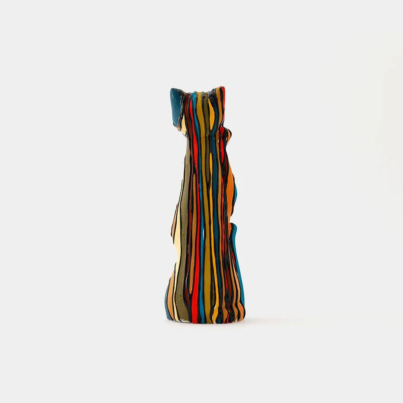 striped beckoning cat, vertical striped manekineko, modern Japanese lucky cat, Yumino doll figurine, Bond Tominaga art, handmade Japanese manekineko, contemporary Japanese folk art, Saga Japan clay figurine, colorful Japanese lucky charm, decorative manekineko gift, handcrafted cat sculpture Japan
