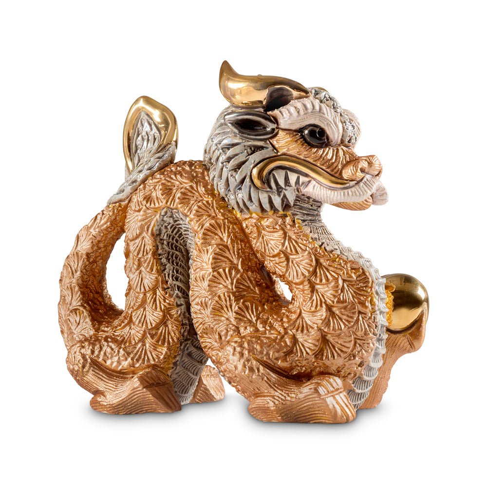 Chinese dragon figurine with gold and enamel detail, symbol of power, luck, and cultural tradition. Handmade with platinum accents. Perfect for feng shui or cultural décor. Gold, Enamel & Platinum Detailing.