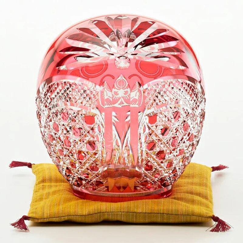 Edo Kiriko Daruma, crystal Daruma doll, Kagami Crystal Japan, Japanese cut glass figurine, red crystal Daruma, gold-red crystal ornament, Edo Kiriko glass art, Japanese good luck charm, Daruma with both eyes open, Japanese perseverance symbol, handmade crystal Daruma, Ibaraki glass craftsmanship, Japanese milestone celebration gift, luxury Japanese glassware, traditional Edo cut glass