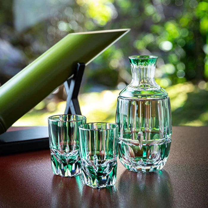 Edo Kiriko bamboo glass set, Japanese bamboo crystal glassware, Kagami Crystal bamboo stem design, Edo Kiriko bottle and cups, Japanese green crystal glass, handmade Edo cut glass Japan, symbolic bamboo motif drinkware, Japanese artisan glass set, bamboo motif crystal tumbler, Japanese giftware bamboo design, Edo Kiriko handcrafted green glass, traditional Japanese cut crystal set, luxury Japanese crystal bamboo