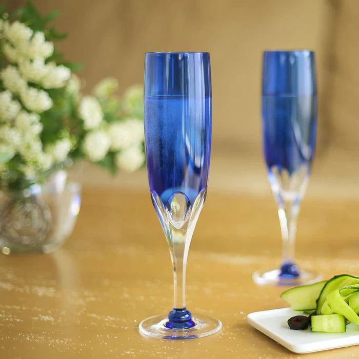 Edo Kiriko champagne glasses, Kagami Crystal flute glasses, Japanese crystal glassware, royal blue crystal glasses, bamboo motif Edo Kiriko, handmade Japanese champagne glasses, luxury Japanese crystal, traditional cut glass Japan, collectible crystal flutes, Edo Kiriko wedding gift, Japanese artisan glassware, green bamboo crystal glass set, handmade crystal flute pair