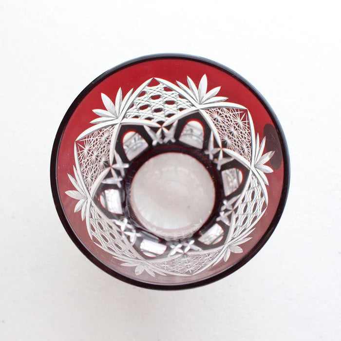 Edo Kiriko glass, Edo cut glass tumbler, Edo cut glass old fashioned, Japanese cut glassware, handmade Edo glass, Kimoto Glassware Edo Kiriko, red and blue Edo glass set, Japanese lattice glass pattern, chrysanthemum Edo cut glass, traditional Japanese glass gift, Japanese artisan glassware, hand-cut glass Japan, luxury Edo glass tumbler pair, symbolic Japanese tableware