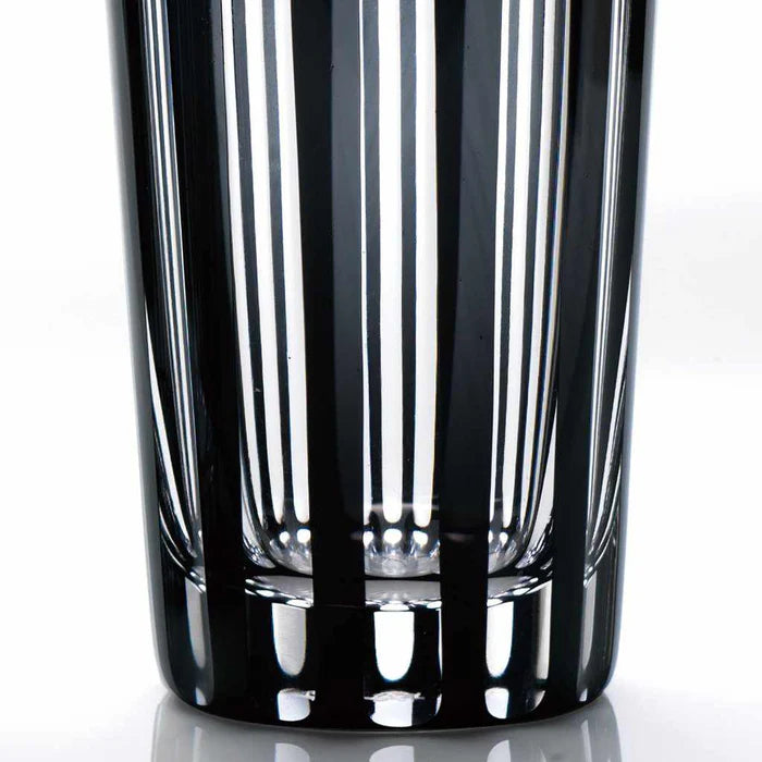 Edo Kiriko glass, Edo cut glassware, Kuroco glass, Japanese black glass, Kimoto Glassware, striped Edo Kiriko tumbler, checkered Edo glass, Japanese artisan glass, Tokyo glassware, handcrafted Japanese glass, traditional Japanese faceted glass, modern Japanese tableware, collectible Japanese glass, Edo faceted design, Japanese soda glassware
