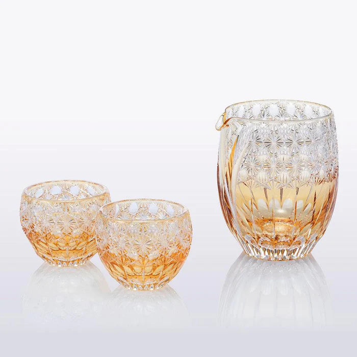 Edo Kiriko glass, Japanese cut glass, Kagami Crystal Edo Kiriko, Fuka crystal set, Junichi Nabetani glass, chrysanthemum glassware, tama kiku tsunagi pattern, amber crystal sake set, Japanese whiskey glasses, artisan crystal glass set, handmade Japanese barware, Edo cut glass pitcher and cups, luxury Japanese glassware, collectible Japanese crystal, traditional Japanese drinkware.