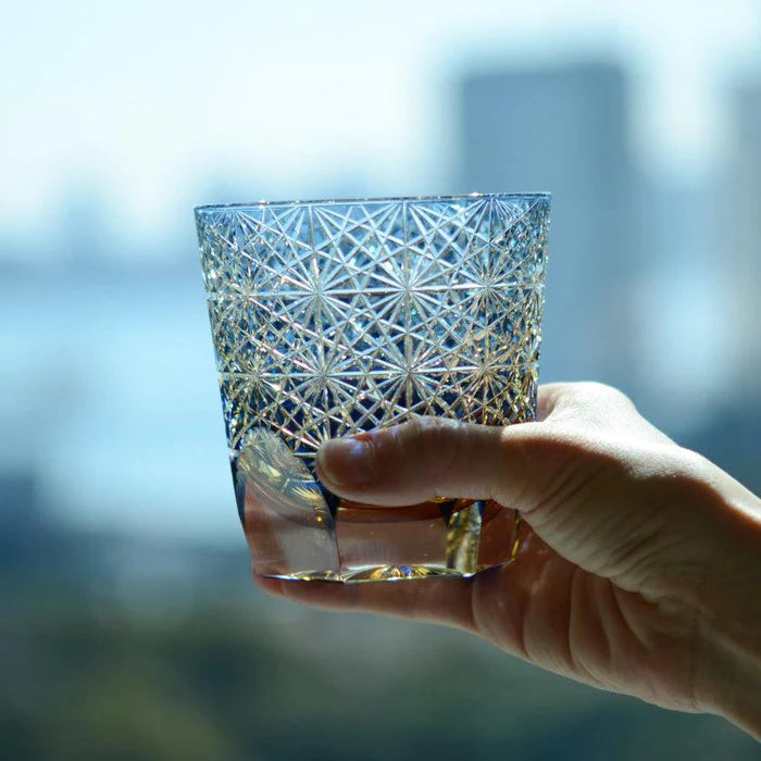 Edo Kiriko glass, Kagami Crystal rocks glass, Japanese cut glass, Kasaneirome Tamamai glass, Kasaneirome Ogiku glass, Hideaki Shinozaki Edo Kiriko, Junichi Nabetani Edo Kiriko, chrysanthemum glass Japan, kaleidoscope Edo Kiriko, Japanese artisan glassware, layered color crystal glass, handcrafted Edo faceted glass, luxury Japanese rocks glass, Ibaraki crystal glassware, Edo Kiriko collector glass