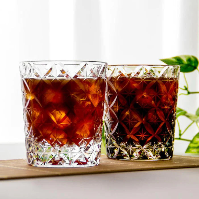 Edo Kiriko rocks glass, Kagami Crystal Edo Kiriko, Japanese cut glassware, Satoshi Nabetani glass, handmade Japanese glass, traditional Japanese rocks glass, black Edo Kiriko glass, Shippo pattern glass, Hoshi star cut glass, Japanese artisan glassware, luxury Japanese drinkware, collectible Japanese glass, hand-cut crystal glass Japan, Edo faceted glass, modern Japanese tableware.