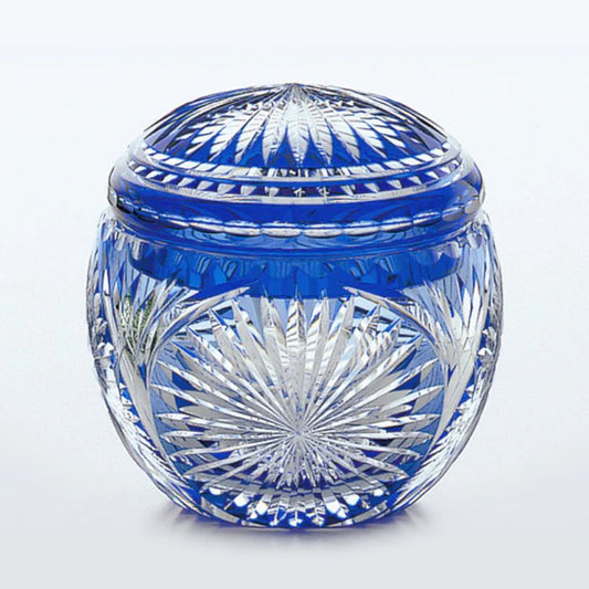 Edo Kiriko trinket box, Japanese crystal box, Kagami Crystal Japan, hand-cut crystal container, chrysanthemum pattern crystal, green cut glass box, cobalt blue cut glass box, Japanese temari ball design, Edo cut glassware Japan, luxury crystal gift, Japanese keepsake box, artisan crystal lidded bowl, collectible Japanese glass art, cultural Japanese gift, hand-carved crystal bowl, Ibaraki Japan glassware, Edo Kiriko decorative box, Japanese heritage crafts, traditional Japanese crystal design
