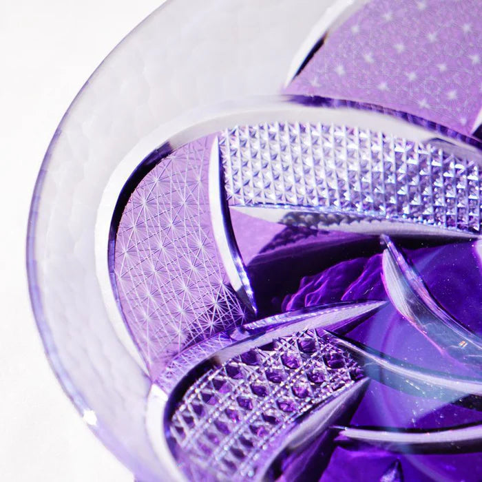 Fu Rin Kiriko plate, Japanese cut glass plate, rinzen glassware, purple Kiriko plate, handmade Japanese glass plate, Tokyo glass artisans, traditional Kiriko glass, Japanese decorative plate, hand-cut glassware Japan, Edo Kiriko style plate, soda glass Japan, luxury Japanese tableware, artisan Japanese glass dish, Japanese giftware plate