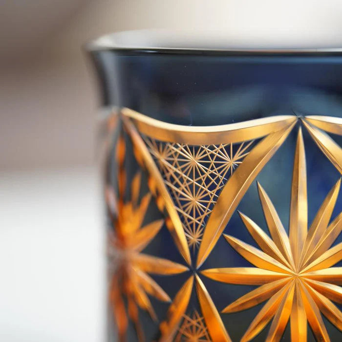 Japanese Kiriko rocks glass, Ginwan no Hana glass, Edo Kiriko drinking glass, traditional Japanese cut glass, purple Kiriko glass, blue and orange Kiriko glass, hand-cut Japanese glassware, chrysanthemum motif glass Japan, Tokyo artisan glass, Japanese starburst glass design, collectible Kiriko tumbler, handmade soda glass Japan, luxury Japanese cut glass, Japanese cultural gift glass, Edo Kiriko chrysanthemum cut glass
