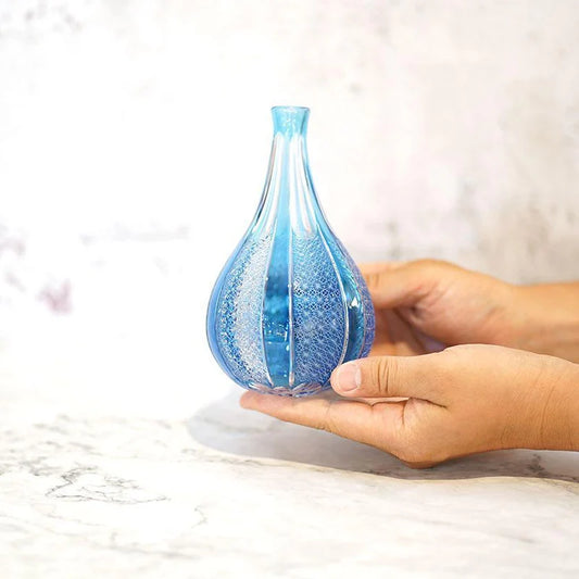 Japanese Kiriko vase, Edo Kiriko glassware, hand-cut Japanese glass, blue gradation vase, asanoha pattern vase, Tokyo artisan glass, Japanese cut glass vase, handmade soda glass vase, traditional Japanese vase, luxury Japanese home decor, Rinzen Kiriko vase, one-of-a-kind Japanese vase, blue Japanese flower vase, handcrafted Edo Kiriko vase, Japanese artisan gift, Tokyo Kiriko craftsmanship, Kagami Crystal reseller, Japanese wedding gift vase, Japanese ikebana vase, premium Japanese glass art