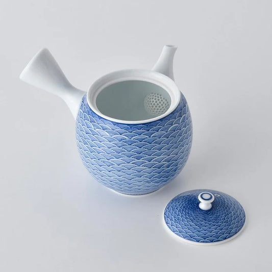Japanese tea set, Kyusu teapot set, Mikawachi ware porcelain, Hirado Shozan tea set, Seigaiha tea set, Japanese Sencha cups, traditional Japanese porcelain, blue and white Japanese teapot, handmade Japanese tea set, Japanese porcelain tea cups, Nagasaki Mikawachi ware, Seigaiha wave pattern tea set, Japanese Kyusu with strainer, authentic Japanese tea ware