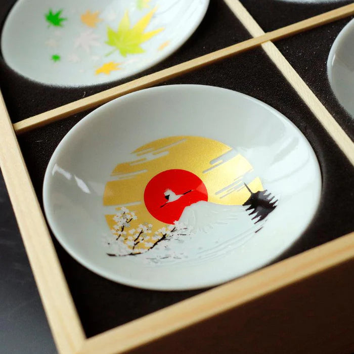 Mino ware color changing cups, Japanese ceramic cup set, Marumo Takagi cups, Shun Japan porcelain, color changing Japanese pottery, four seasons Japanese cups, Mt. Fuji design cup, Kabuki design Japanese ware, cherry blossom ceramic set, handmade Japanese ceramic gift, Gifu prefecture pottery, collectible Japanese ceramic cups, Japanese souvenir cup set, traditional Japanese giftware
