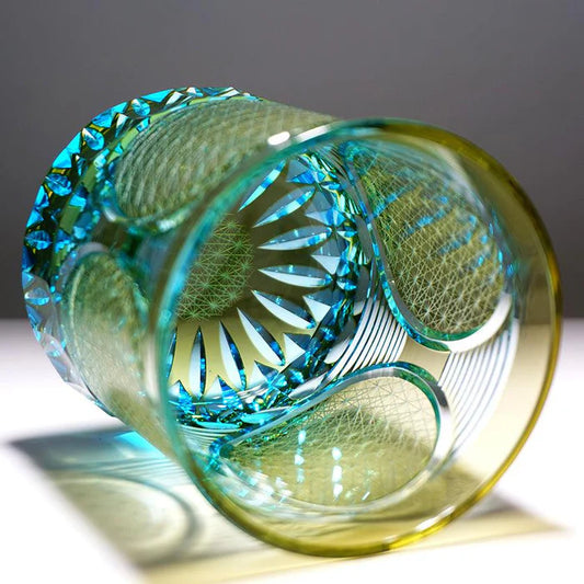 Nichi Rin Kiriko glass, Japanese rocks glass, hand-cut Kiriko glassware, Tokyo artisan glass, sun and moon motif glass, Japanese crystal tumbler, Rinzen Kiriko glass, symbolic Japanese glassware, hand-polished soda glass, collectible Japanese cut glass, traditional Kiriko design, Japanese sunburst motif glass, Edo-style Kiriko brilliance