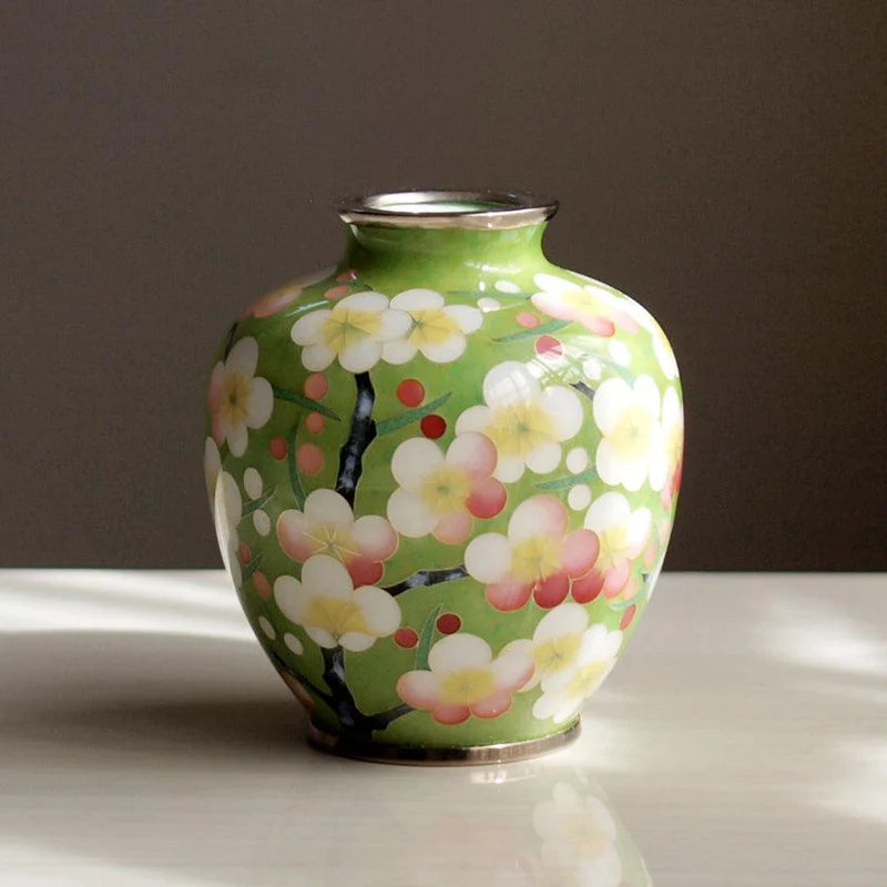 Owari cloisonne vase, Japanese cloisonne art, ume-zume plum blossom vase, Kato Shippo Seisakusyo vase, Japanese enamelware, wired cloisonne vase, Japanese decorative vase, black cloisonne vase, yellow cloisonne vase, Japanese handcrafted vase, plum blossom symbolism Japan, small Japanese art vase, cloisonne collector’s item, Aichi Prefecture artisan vase, traditional Japanese enamel vase