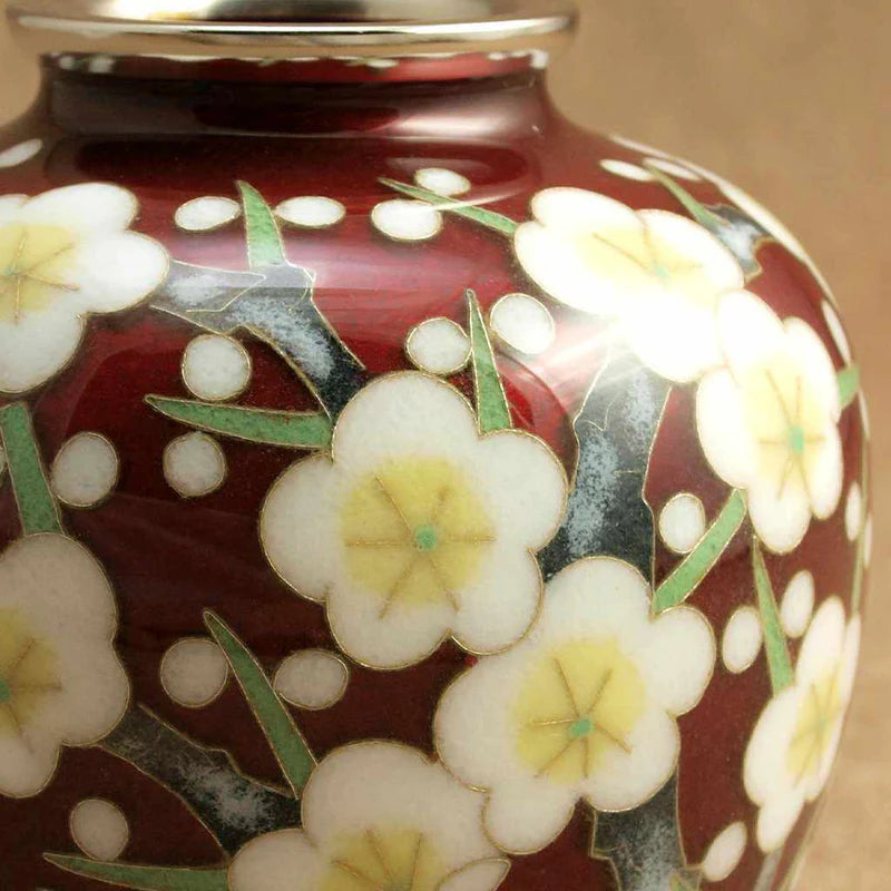 Owari cloisonne vase, Japanese cloisonne plum blossom, red cloisonne enamel vase, Kato Shippo vase, Japanese enamel art, plum blossom decorative vase, wired cloisonne Meiji style, handcrafted Japanese cloisonne, small Japanese collectible vase, Aichi cloisonne craft, traditional Japanese plum design, spherical cloisonne vase, luxury Japanese home decor, enamel art vase Japan, wired enamel plum vase.