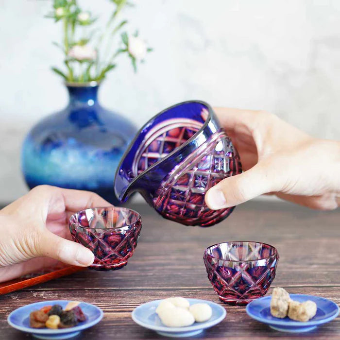 Satsuma Kiriko glass, Satsuma cut glass pitcher set, Satsuma Vidro crystal, Japanese cut glass sake set, double-layer overlay glass, lapis lazuli and gold red crystal, handmade Japanese drinkware, Kagoshima glassware, Satsuma Kiriko sake pitcher, artisan Japanese glass, paulownia box gift set, symbolic Japanese tableware, luxury Japanese glass set, traditional Japanese cut crystal
