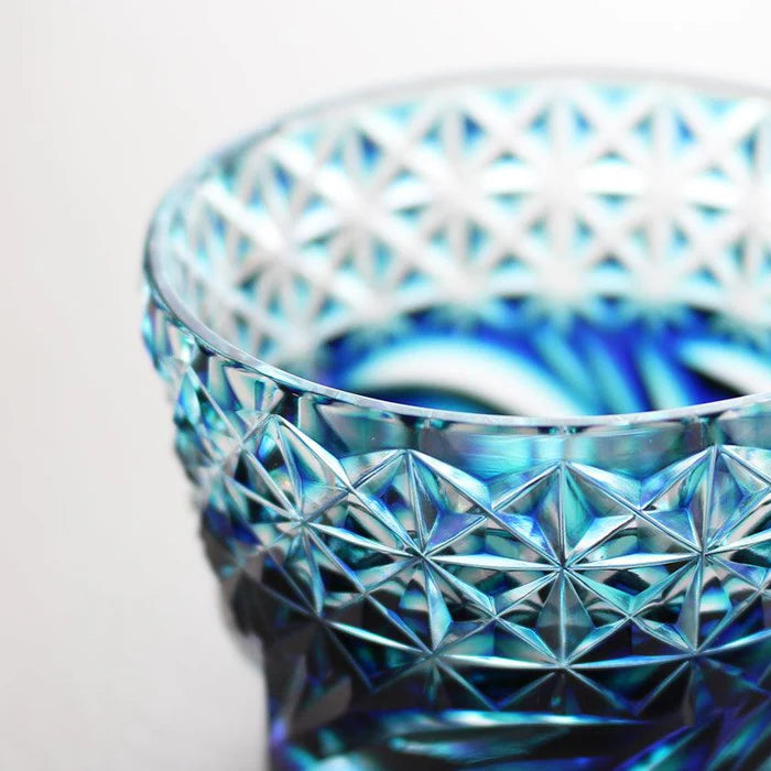 Satsuma Kiriko glass, Satsuma faceted glass, Kagoshima cut glass, Japanese soba choko cups, double-layer crystal glass Japan, lapis lazuli cut glass, Edo-period Satsuma glass revival, Japanese chrysanthemum motif glassware, flowing water pattern glass, handmade crystal glass Japan, Satsuma Vidro faceted cups, traditional Japanese cut glass gifts, paulownia wood box Japanese giftware, Japanese soba cup set