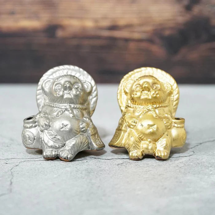 Shigaraki ware tanuki, Japanese raccoon dog figurine, gold silver tanuki set, Yamasho Touki pottery, Japanese good luck charm, handmade tanuki ornament, Japanese folklore figurine, entrance good fortune talisman, traditional Shigaraki pottery, collectible Japanese tanuki, gold tanuki figurine Japan, silver tanuki figurine Japan, Shiga Prefecture pottery, lucky raccoon dog Japan, Japanese prosperity charm, handmade Japanese ceramic, tanuki statue for home, Japanese pottery gift set.