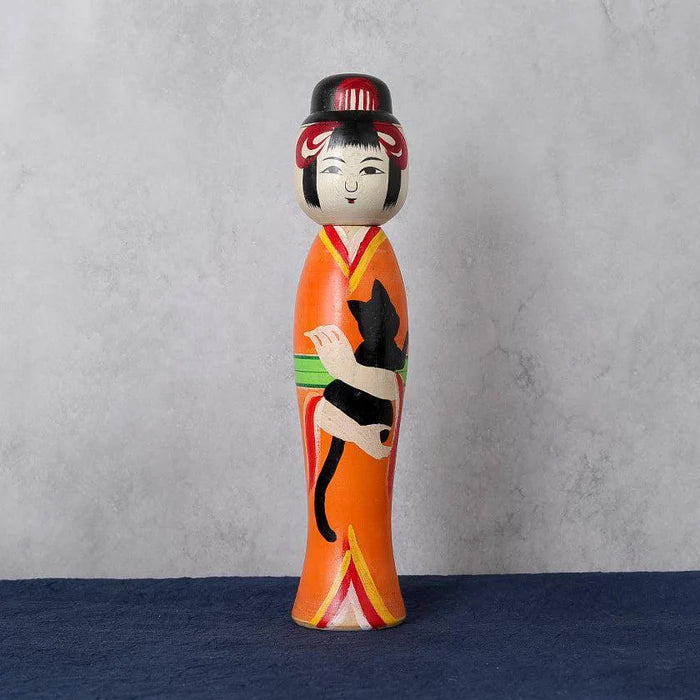 Tsuchiyu kokeshi, Akihiro Konno kokeshi, Japanese wooden doll, traditional kokeshi Japan, Taisho era kokeshi, cherry blossom kokeshi, Aizu makie kokeshi, Japanese folk art doll, handmade kokeshi doll, Fukushima crafts, black cat kokeshi, Japanese souvenir doll, maple wood kokeshi, Japanese decorative figurine, collectible kokeshi, Japan artisan doll, symbolic Japanese doll, protective Japanese ornament, Japanese cultural gift, handcrafted wooden doll Japan