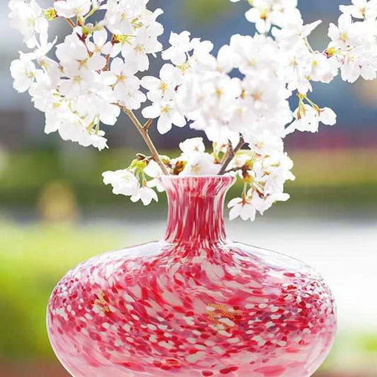 Tsugaru Vidro vase, Japanese cherry blossom vase, Hana Akari glass vase, Hirosaki Castle sakura art, handcrafted Japanese glassware, pink glass decorative vase, Japanese gold leaf vase, Aomori glass art, collectible Japanese vase, handmade glass vase Japan, luxury sakura vase, artisan glass vase with gold, limited edition Japanese vase