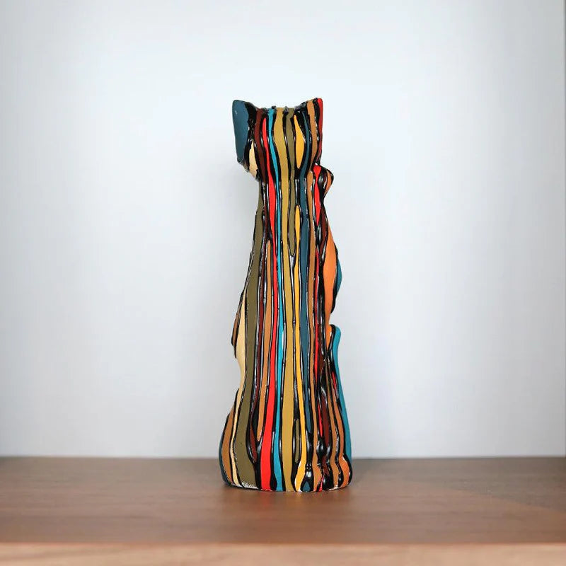 striped beckoning cat, vertical striped manekineko, modern Japanese lucky cat, Yumino doll figurine, Bond Tominaga art, handmade Japanese manekineko, contemporary Japanese folk art, Saga Japan clay figurine, colorful Japanese lucky charm, decorative manekineko gift, handcrafted cat sculpture Japan