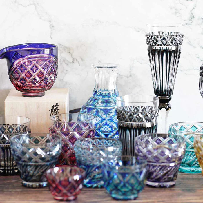 Black Kiriko glass, Satsuma Kiriko glass, Japanese cut glass, Satsuma cut crystal, handmade crystal glass Japan, Kagoshima glassware, Japanese black glass, luxury Japanese glass, artisan crystal glass, traditional Japanese craftsmanship, paulownia box glass, Edo period glass revival, Japanese giftware