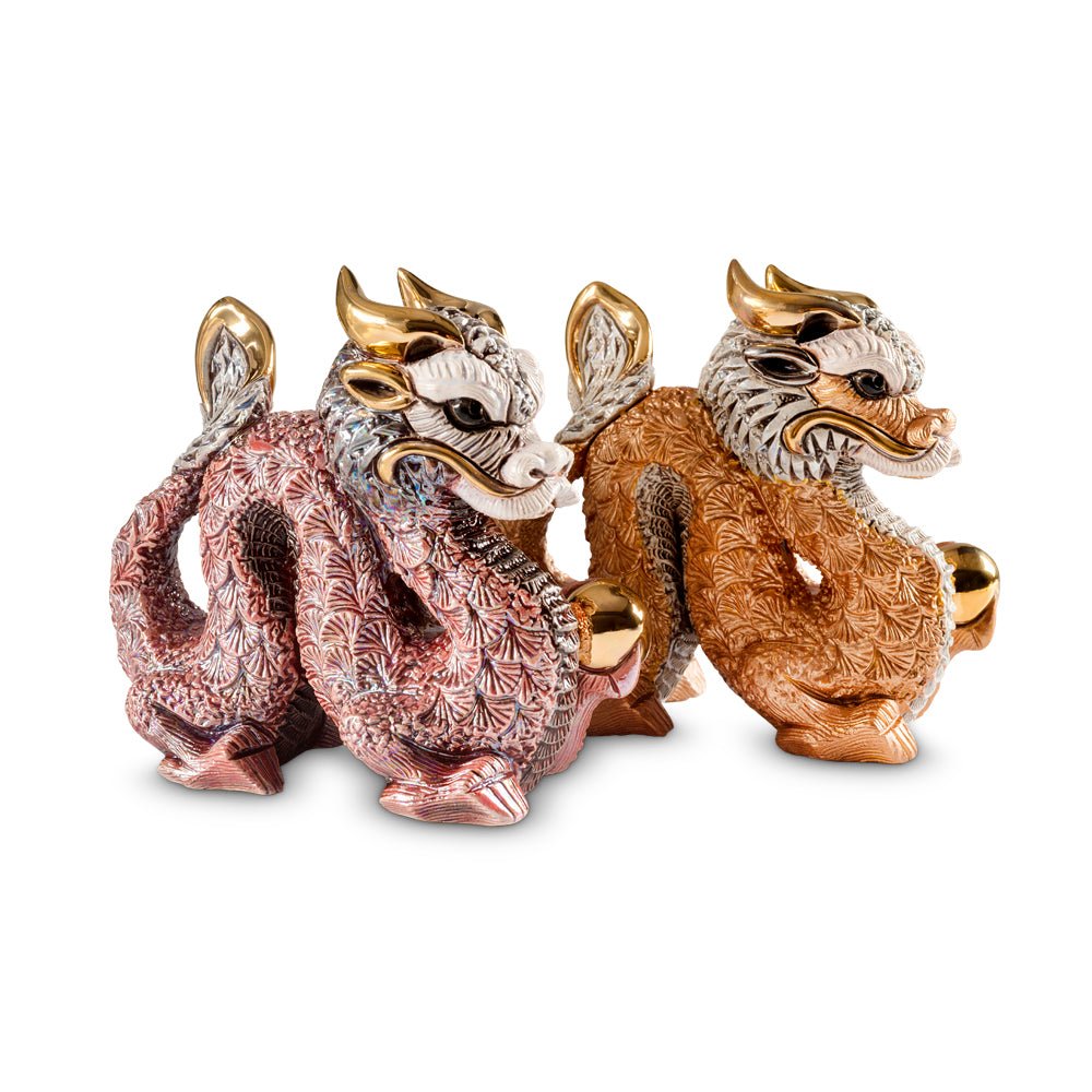 Chinese dragon figurine with gold and enamel detail, symbol of power, luck, and cultural tradition. Handmade with platinum accents. Perfect for feng shui or cultural décor. Gold, Enamel & Platinum Detailing.