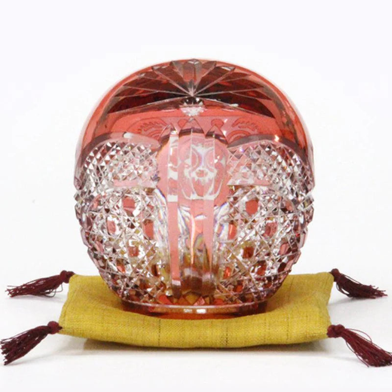 Edo Kiriko Daruma, crystal Daruma doll, Kagami Crystal Japan, Japanese cut glass figurine, red crystal Daruma, gold-red crystal ornament, Edo Kiriko glass art, Japanese good luck charm, Daruma with both eyes open, Japanese perseverance symbol, handmade crystal Daruma, Ibaraki glass craftsmanship, Japanese milestone celebration gift, luxury Japanese glassware, traditional Edo cut glass