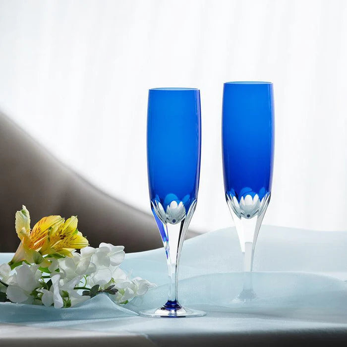 Edo Kiriko champagne glasses, Kagami Crystal flute glasses, Japanese crystal glassware, royal blue crystal glasses, bamboo motif Edo Kiriko, handmade Japanese champagne glasses, luxury Japanese crystal, traditional cut glass Japan, collectible crystal flutes, Edo Kiriko wedding gift, Japanese artisan glassware, green bamboo crystal glass set, handmade crystal flute pair