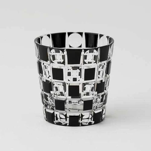 Edo Kiriko glass, Edo cut glassware, Kuroco glass, Japanese black glass, Kimoto Glassware, striped Edo Kiriko tumbler, checkered Edo glass, Japanese artisan glass, Tokyo glassware, handcrafted Japanese glass, traditional Japanese faceted glass, modern Japanese tableware, collectible Japanese glass, Edo faceted design, Japanese soda glassware