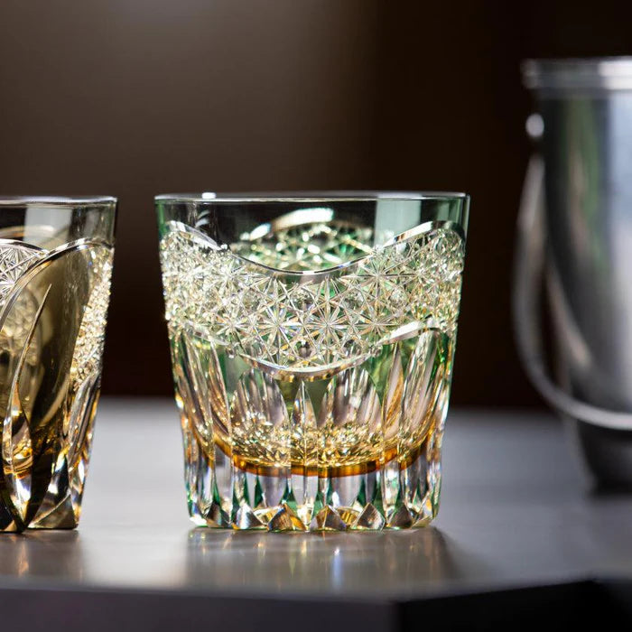 Edo Kiriko glass, Kagami Crystal Kasaneirome Gyoko, Japanese cut glass green crystal, morning light Edo Kiriko tumbler, Satoshi Nabetani glass design, handcrafted Japanese crystalware, traditional Edo cut glass Japan, Kasaneirome layered color technique, Japanese luxury crystal glass, symbolic Japanese glassware, collectible Edo Kiriko art glass, green gold crystal tumbler Japan