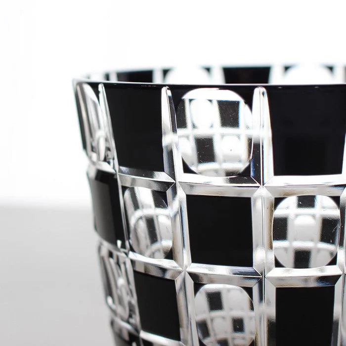 Edo Kiriko glass, Kuroco glass, Japanese cut glass, Edo Kiriko black glass, Kimoto glassware, checkered glass, Japanese whiskey glass, Edo Kiriko old glass, handcrafted glass Tokyo, Japanese luxury glassware, modern Edo Kiriko, Ichimatsu pattern glass, Japanese faceted glass, traditional Japanese giftware