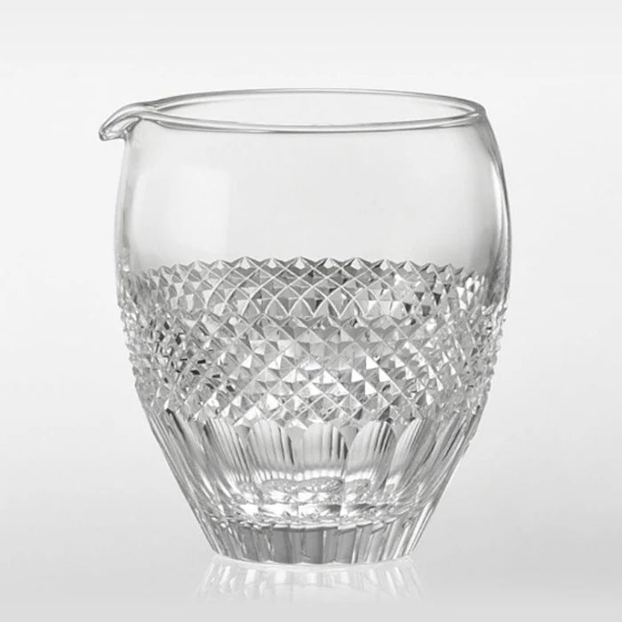 Edo Kiriko glass set, Japanese cut glass pitcher and cups, Kagami Crystal fish scale design, uroko pattern crystal glass, handcrafted Japanese crystalware, traditional Japanese cut glass, Edo Kiriko pitcher and bowl set, crystal serving set Japan, Ibaraki Kagami Crystal, Japanese gift crystal set, prosperity fish scale motif glassware, handmade Japanese glass pitcher, collectible Japanese crystal art
