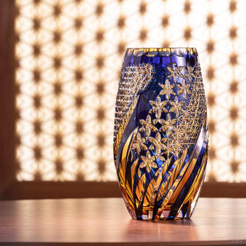 Edo Kiriko vase, Kagami Crystal vase, Japanese cut glass, Kumiko pattern vase, Kiku Tsunagi cut glass, Hoshi motif crystal, Japanese crystal glassware, luxury Japanese vase, cobalt blue cut glass vase, amber layered crystal, traditional Japanese vase, handcrafted Edo Kiriko, Japanese geometric pattern vase, chrysanthemum cut glass, Japanese artisanal glassware