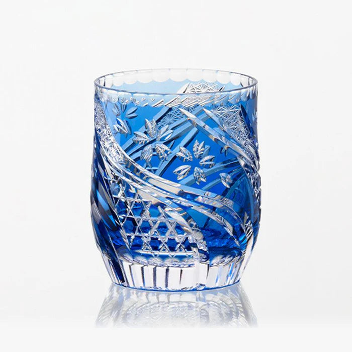 Edo Kiriko whiskey glasses, Sakura Nagare glass, Kagami Crystal Japan, Japanese cherry blossom glass, red and blue whiskey tumblers, Edo cut glass pair, handcrafted Japanese glassware, whiskey glass Edo Kiriko, sake glass Japan, Kagome cut pattern, Kiku Tsunagi design, Japanese crystal barware, cherry blossom whiskey glass set, luxury Japanese drinkware