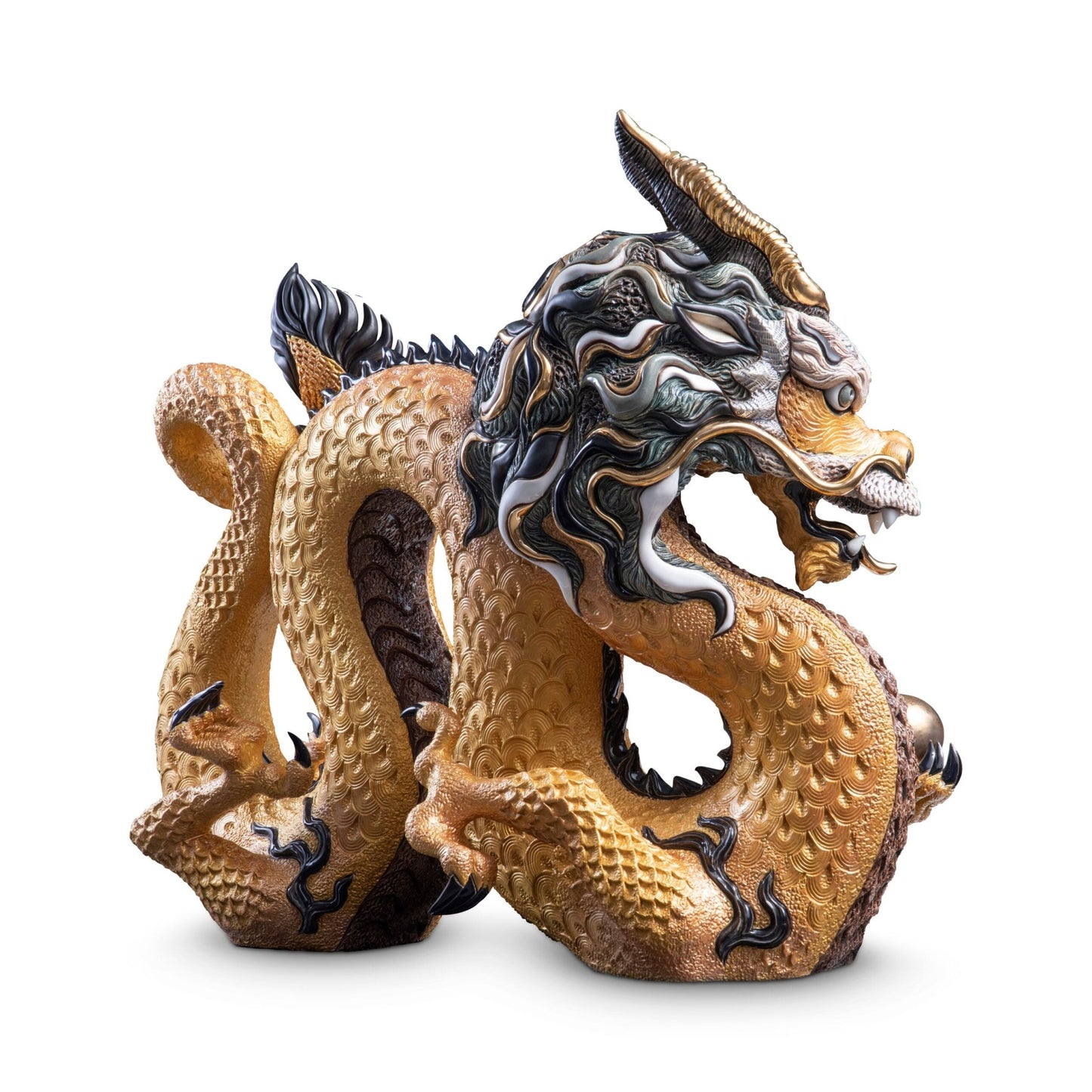 Hand-carved ceramic King Chinese dragon statue 56x28x48 cm with gloss and satin gold finish, lacquered wood base, fierce face and scaled body, limited edition of 88, symbol of fortune, strength, and ancient Eastern mythology.