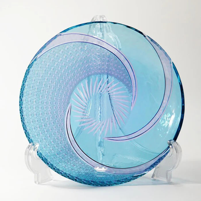 Japanese Kiriko glass plate, Edo Kiriko plate, Nagare Kiku glass, Japanese cut glass dish, artisan glassware Japan, handmade glass plate Tokyo, Japanese decorative plate, chrysanthemum glass design, spiral glass art plate, traditional Japanese glassware, collectible Japanese plate, soda glass Japan, Kiriko dish handmade, Japanese art plate, glass serving dish Japan