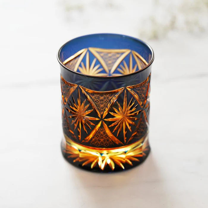 Japanese Kiriko rocks glass, Ginwan no Hana glass, Edo Kiriko drinking glass, traditional Japanese cut glass, purple Kiriko glass, blue and orange Kiriko glass, hand-cut Japanese glassware, chrysanthemum motif glass Japan, Tokyo artisan glass, Japanese starburst glass design, collectible Kiriko tumbler, handmade soda glass Japan, luxury Japanese cut glass, Japanese cultural gift glass, Edo Kiriko chrysanthemum cut glass