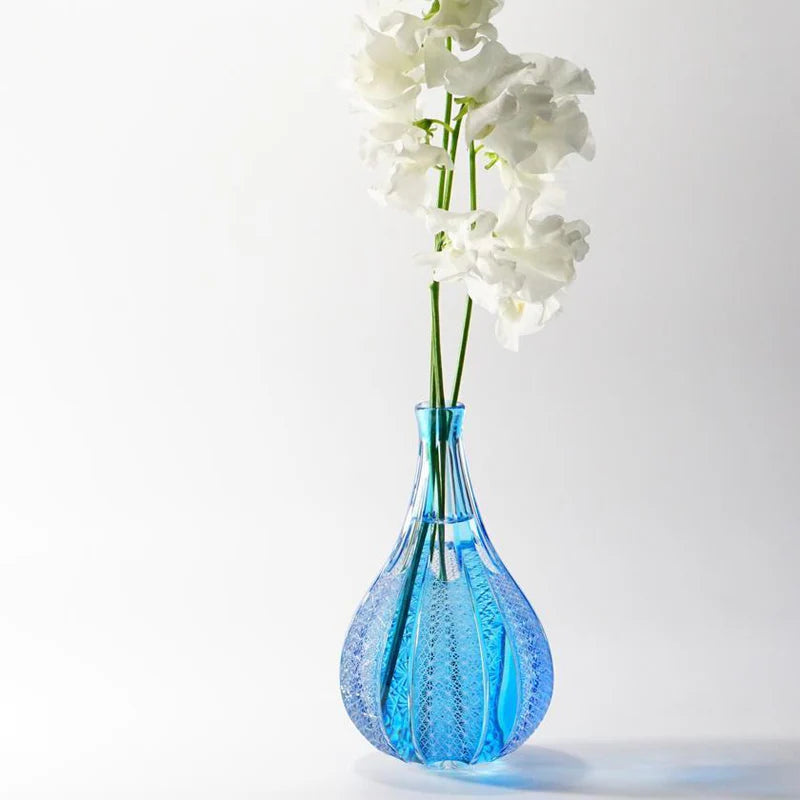 Japanese Kiriko vase, Edo Kiriko glassware, hand-cut Japanese glass, blue gradation vase, asanoha pattern vase, Tokyo artisan glass, Japanese cut glass vase, handmade soda glass vase, traditional Japanese vase, luxury Japanese home decor, Rinzen Kiriko vase, one-of-a-kind Japanese vase, blue Japanese flower vase, handcrafted Edo Kiriko vase, Japanese artisan gift, Tokyo Kiriko craftsmanship, Kagami Crystal reseller, Japanese wedding gift vase, Japanese ikebana vase, premium Japanese glass art