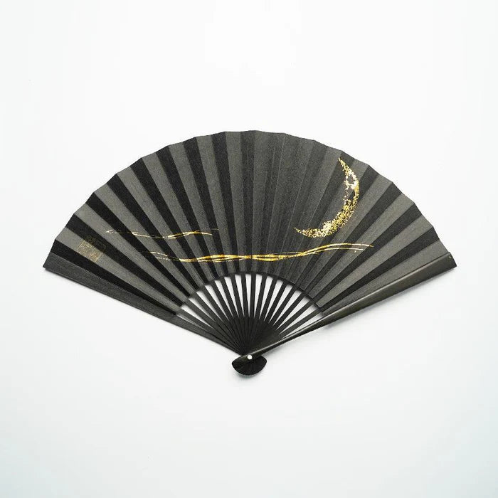 Japanese folding fan, Edo fan, Karakami fan, handmade Japanese fan, washi paper fan, moon motif fan, gold leaf Japanese fan, silver leaf Japanese fan, traditional Japanese hand fan, cultural Japanese gift, Kyoto washi fan, Japanese bamboo fan, Japanese fan with case, paulownia box fan, Japanese seasonal fan