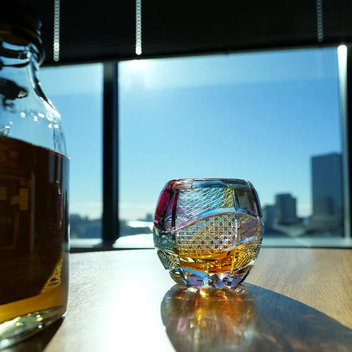 Kiriko Reimagined Glass, limited edition Japanese glass, Haruka Horie glass art, Rinzen glassware, traditional Kiriko cut glass, handmade Japanese glass, Tokyo artisan glass, collectible Japanese glassware, Kiku Tsunagi pattern, Kagome lattice glass, Nanako Edo Kiriko design, Japanese cultural gifts, rare Japanese glassware, hand-cut Japanese soda glass, modern Japanese craftsmanship
