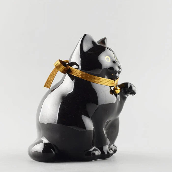 Maneki Neko coin bank, porcelain lucky cat bank, Hizen Yoshida Ware Maneki Neko, KataKoto beckoning cat, Japanese money box cat, black Maneki Neko bank, white Maneki Neko bank, Japanese store opening gift, ceramic cat coin bank, traditional Japanese porcelain cat, chubby lucky cat figurine, handcrafted Maneki Neko Japan, black gold lucky cat ornament, white navy Maneki Neko money bank, Japanese prosperity charm, artisan porcelain Maneki Neko.